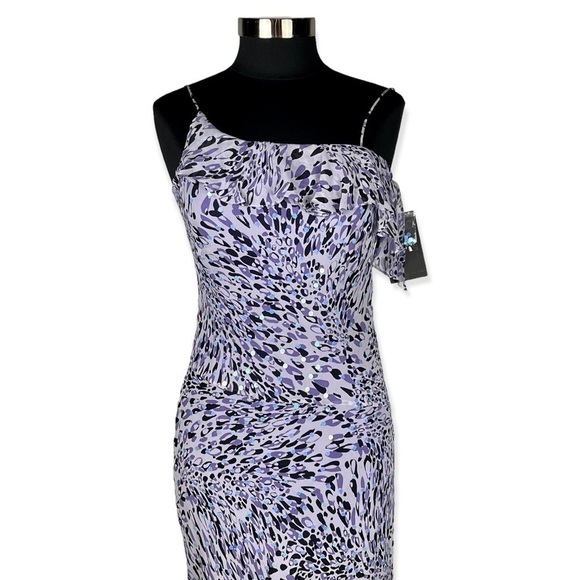 NICOLE MILLER 100% SILK ABSTRACT LEOPARD SEQUIN RUFFLE SPAGHETTI STRAP GOWN - Picture 8 of 17